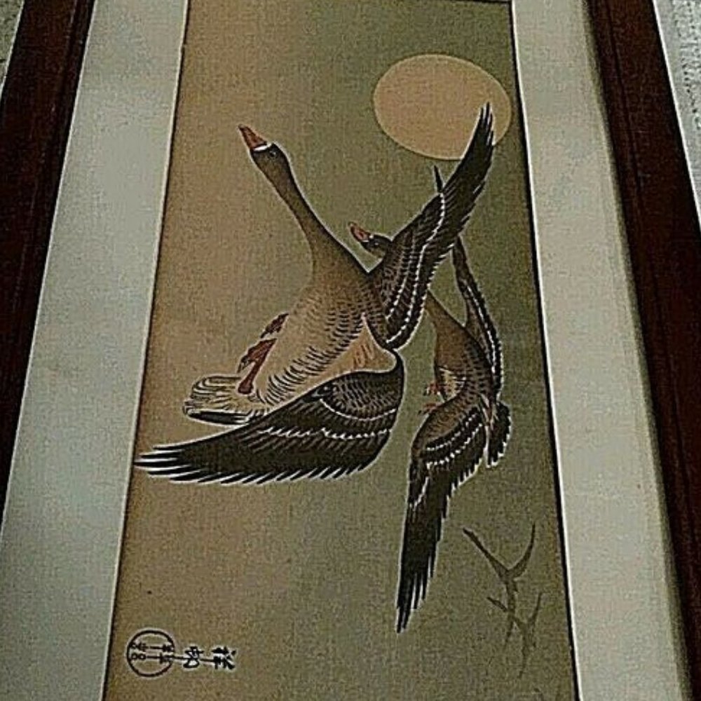 Japanese Ink Painting of Geese n Flight Antique Early 19TH Century Framed Signed - Picture 5 of 13